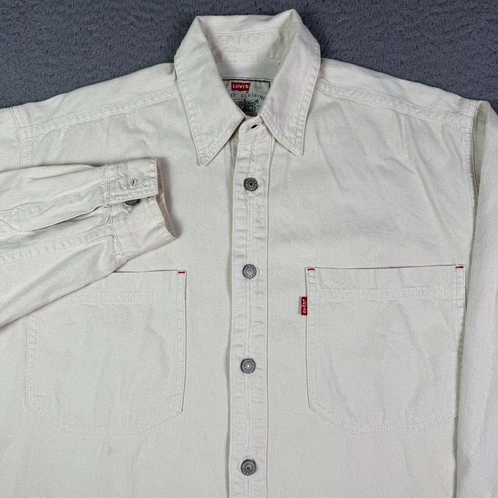 Vintage Levis Denim Shirt Mens Small Beige Metal Button Pockets Work Wear